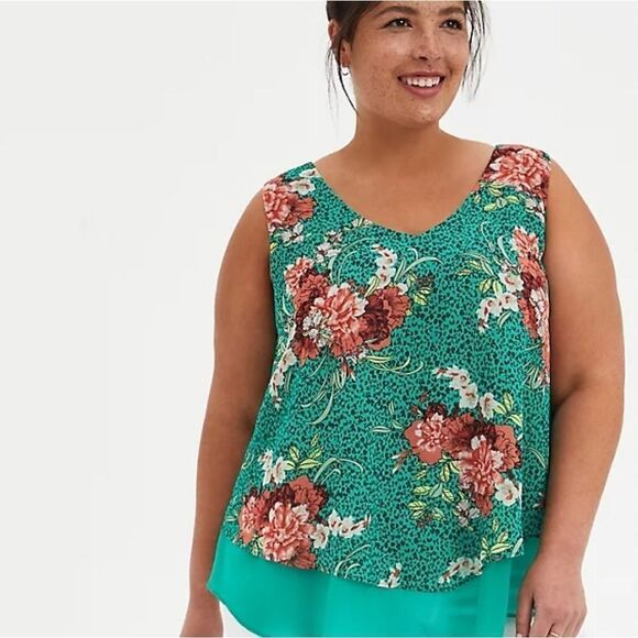 COPY - NWT Green floral double layer Chiffon tank. M-L - Picture 1 of 4